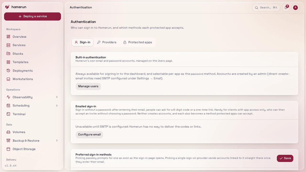 Authentication → Sign-in, with emailed sign-in, preferred methods and sign-in requirements
