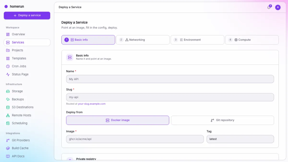 The four-step deploy wizard, on the basic info step