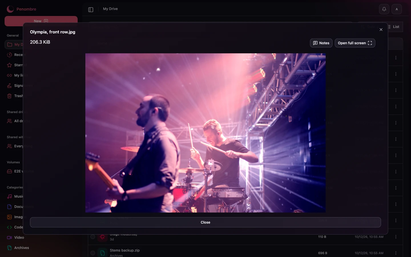 The preview dialog, dark