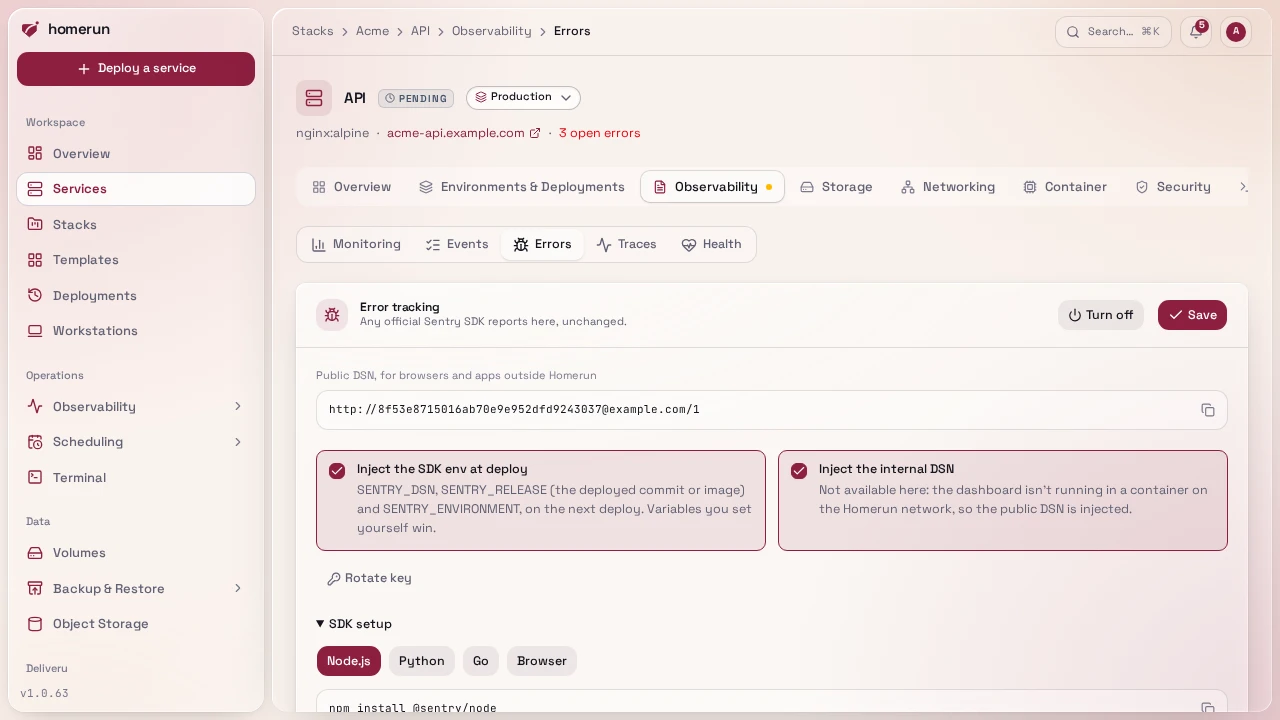 A service's Observability → Errors with error tracking on: its DSN, the env injection settings and the SDK setup snippets
