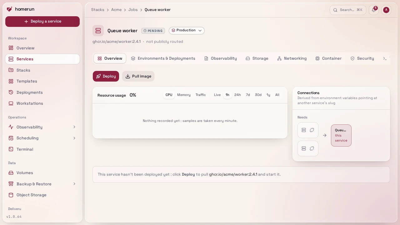 A service's Connections panel, listing what it needs with an Unlink button on each