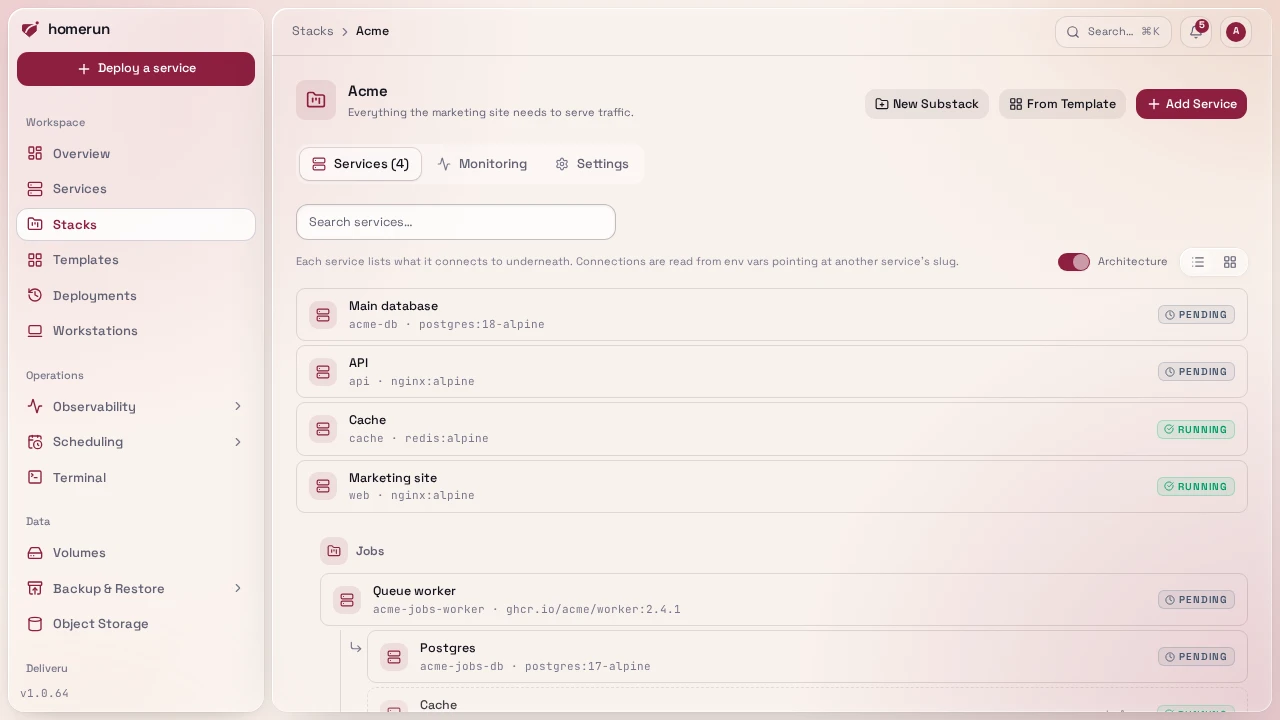 List view: each service with what it connects to underneath, and the Jobs substack in its own section