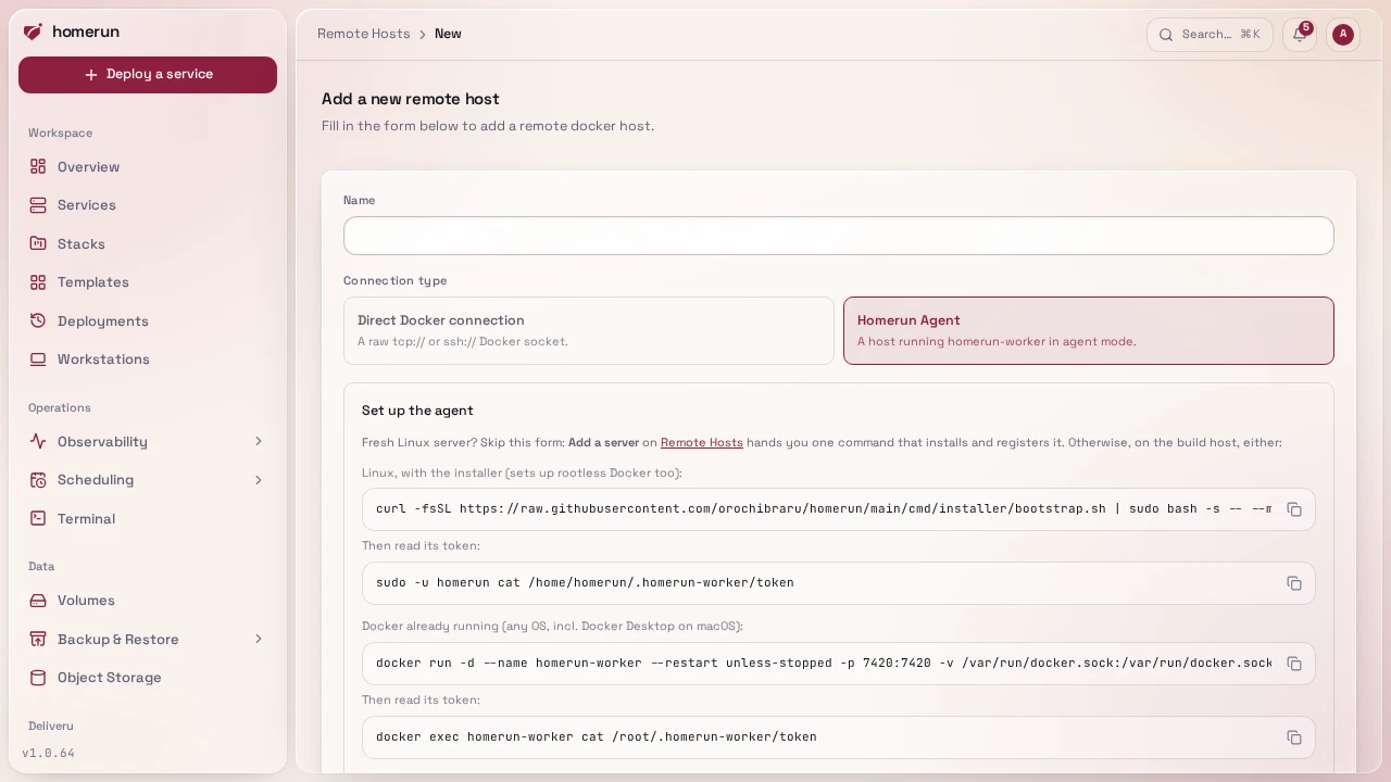 Registering a build server by hand, with the Homerun Agent connection type and its setup commands