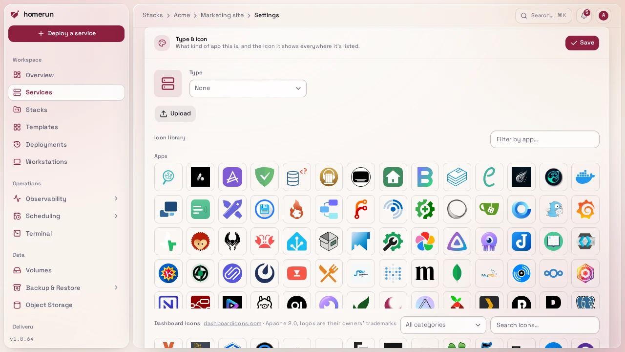 A service's Type & icon section, with the icon library