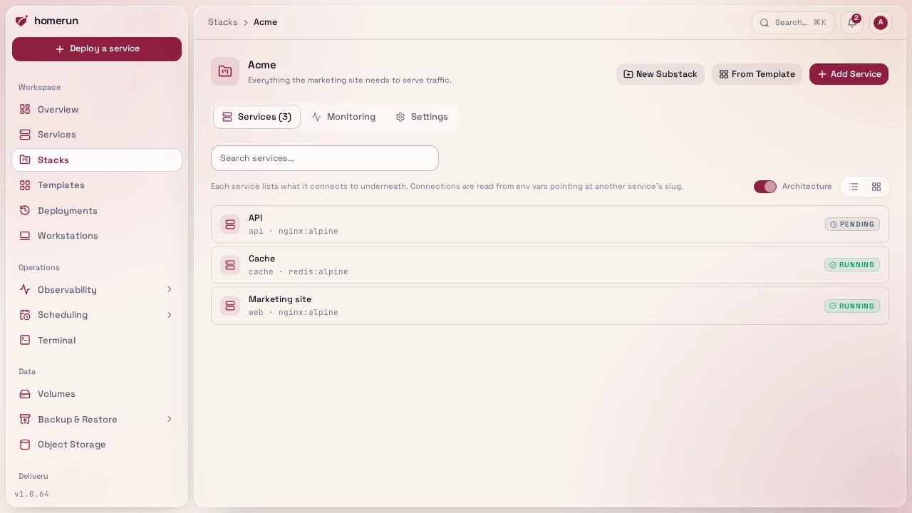 A stack's page, listing its services