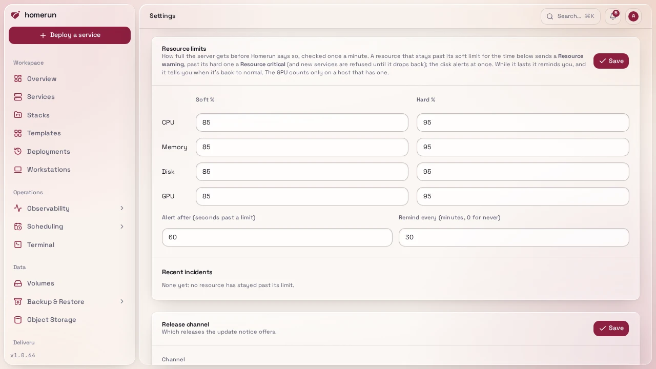 Settings → General → Resource limits, with each resource's soft and hard threshold and the alert timing
