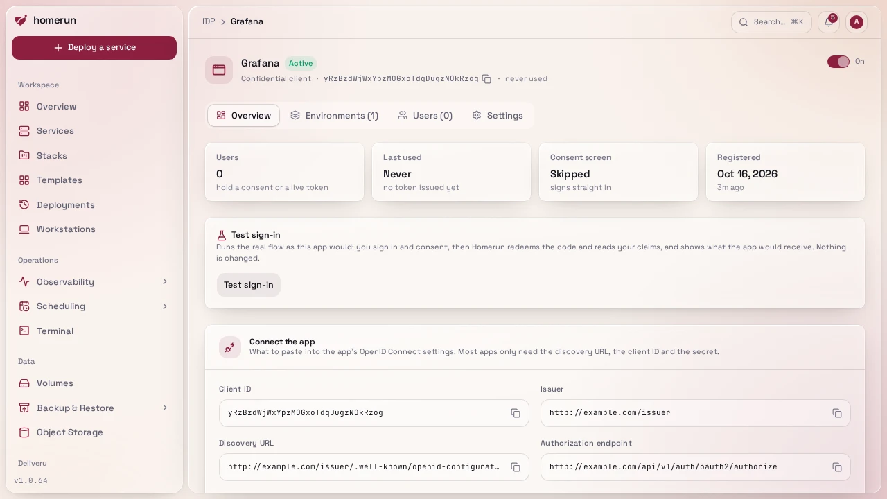 An app's Overview: usage, Test sign-in, the values to paste into the app and its environments