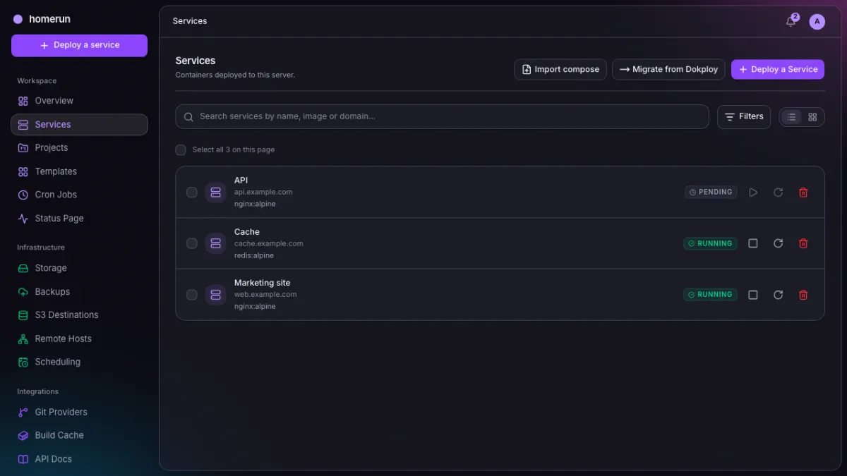 The services list, dark