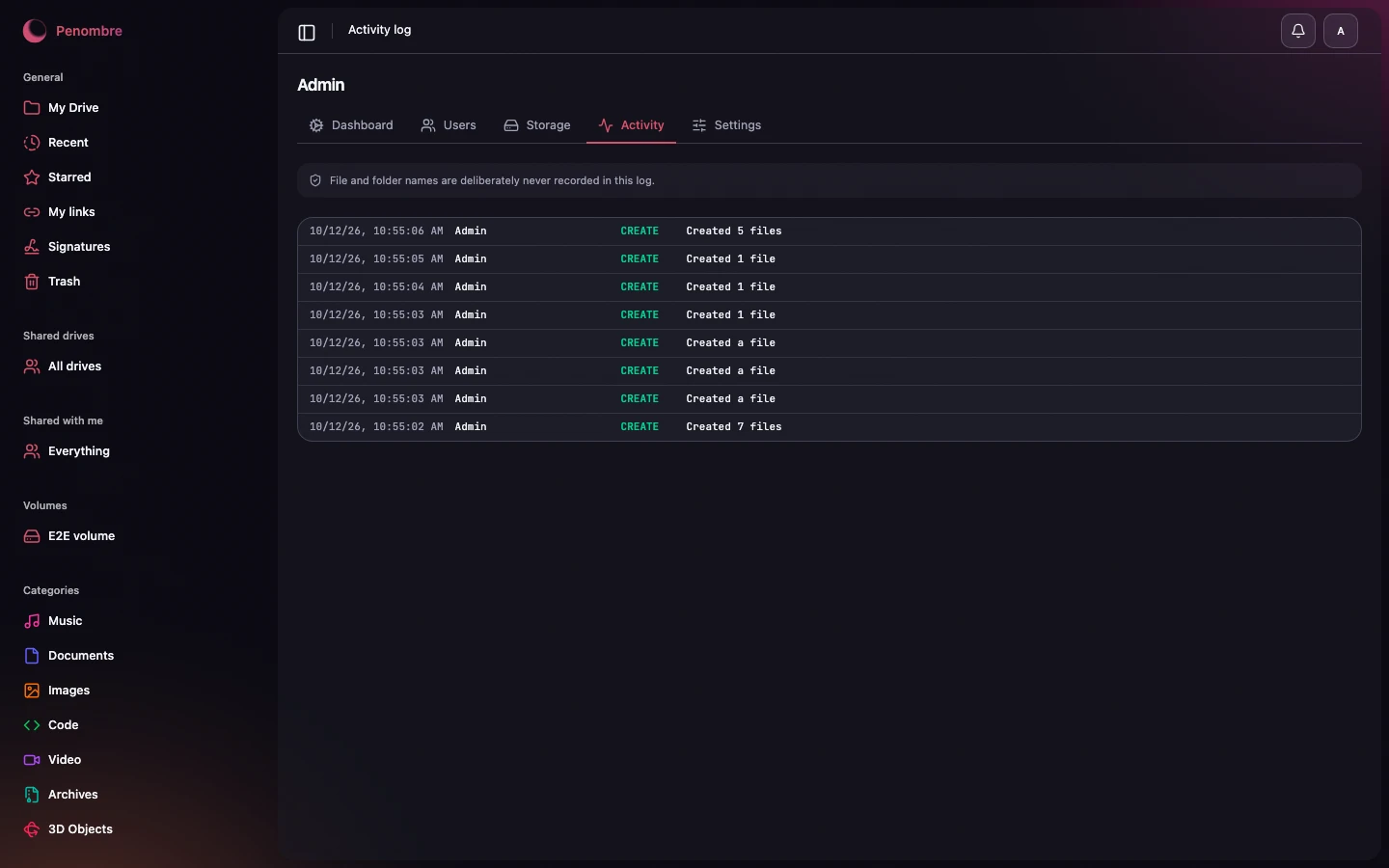 The admin activity log, dark