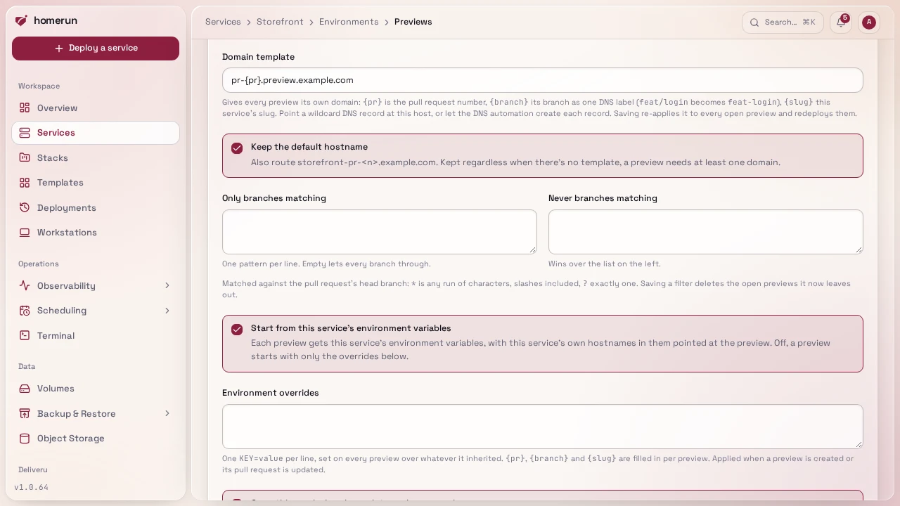 The Previews section's domain template and Keep the default hostname option