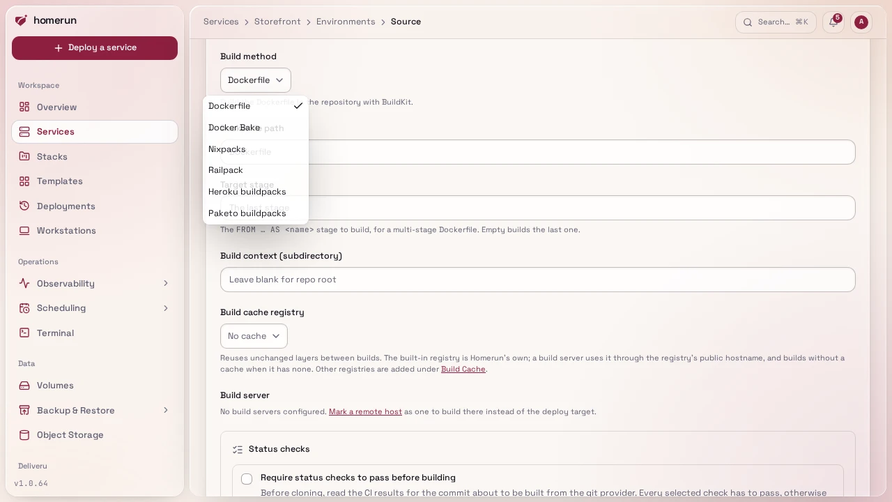The Source section's build method picker, open on the six methods