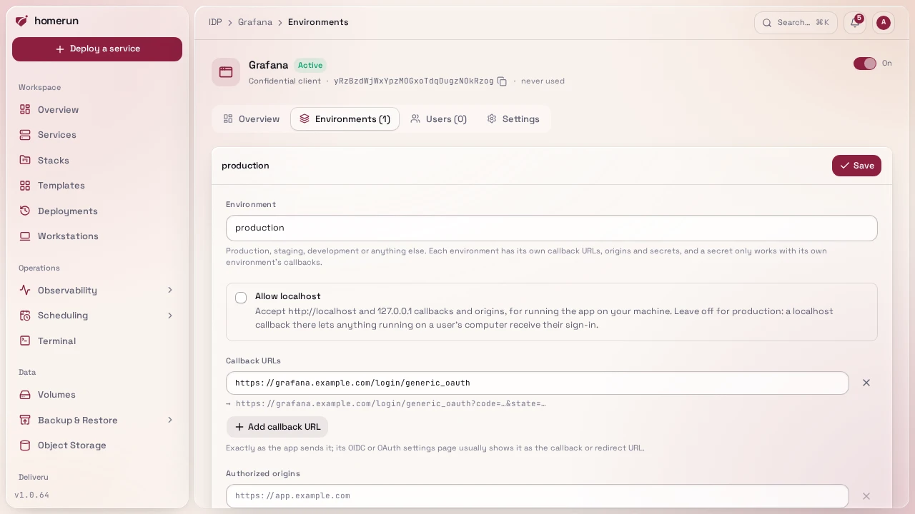 An app's Environments tab: callback URLs and client secrets per environment