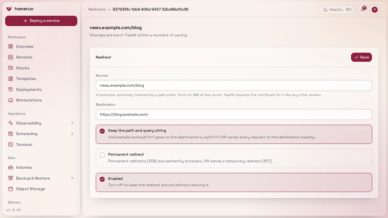 Editing a redirect: its source, destination and three switches