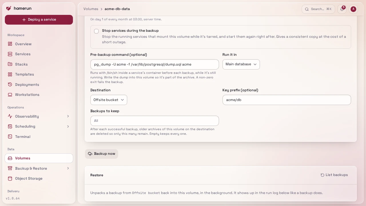 The Restore panel on a volume's page, before its backups are listed