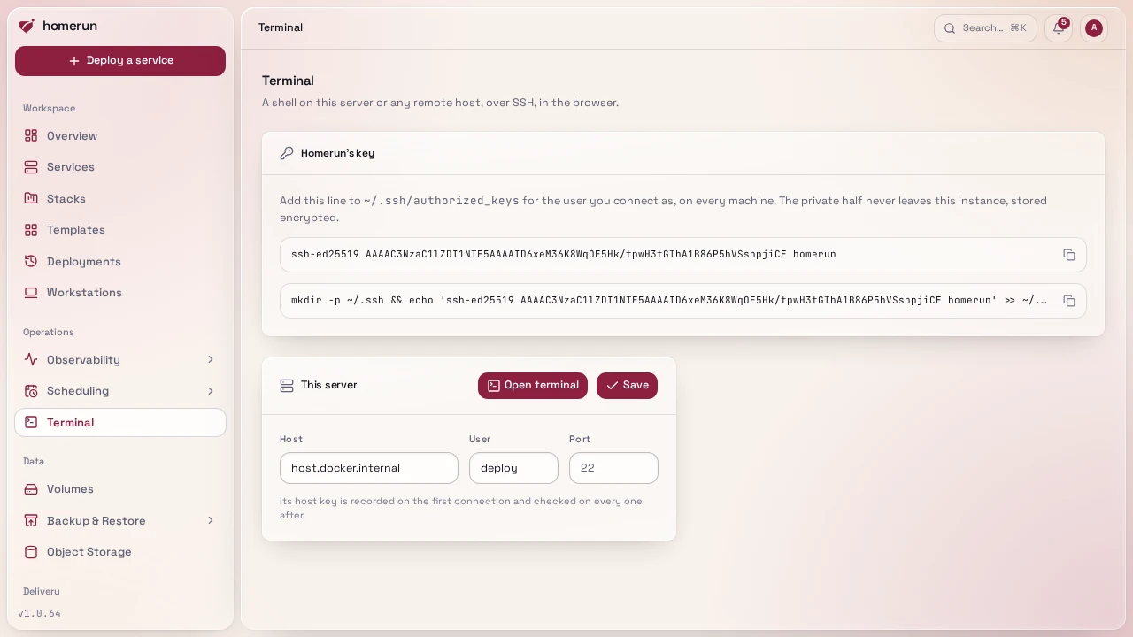The Terminal page: Homerun's public key, and This server set up with a host and user