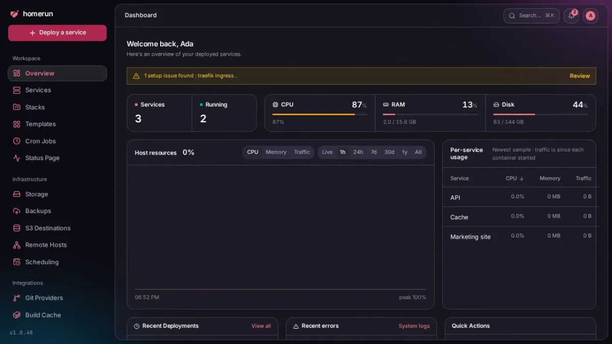 The Homerun dashboard, showing service counts and live host resources